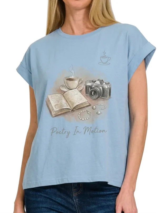 Women's Book Coffee Camera Poetry In Motion Printed T-shirt