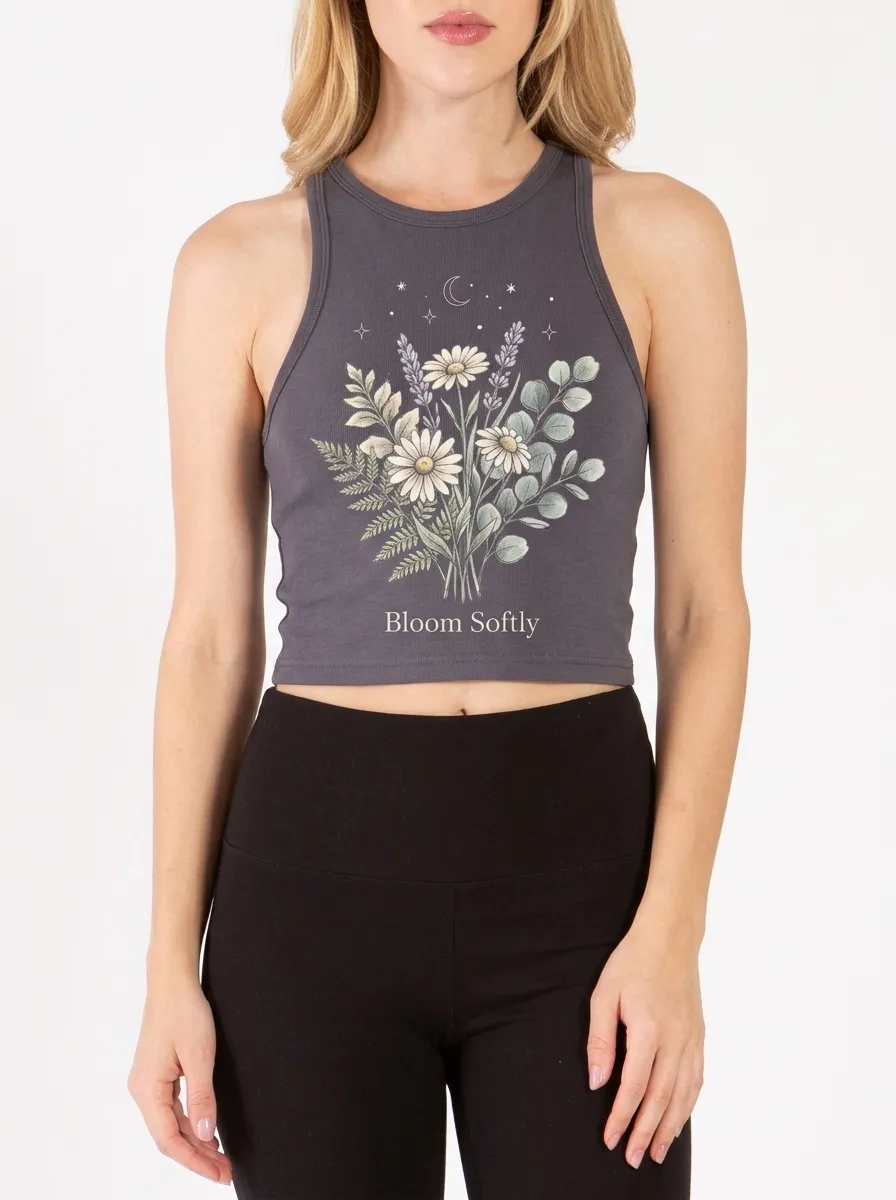 Women's Floral Botanical Bloom Softly Celestial Printed Crop Tank Top