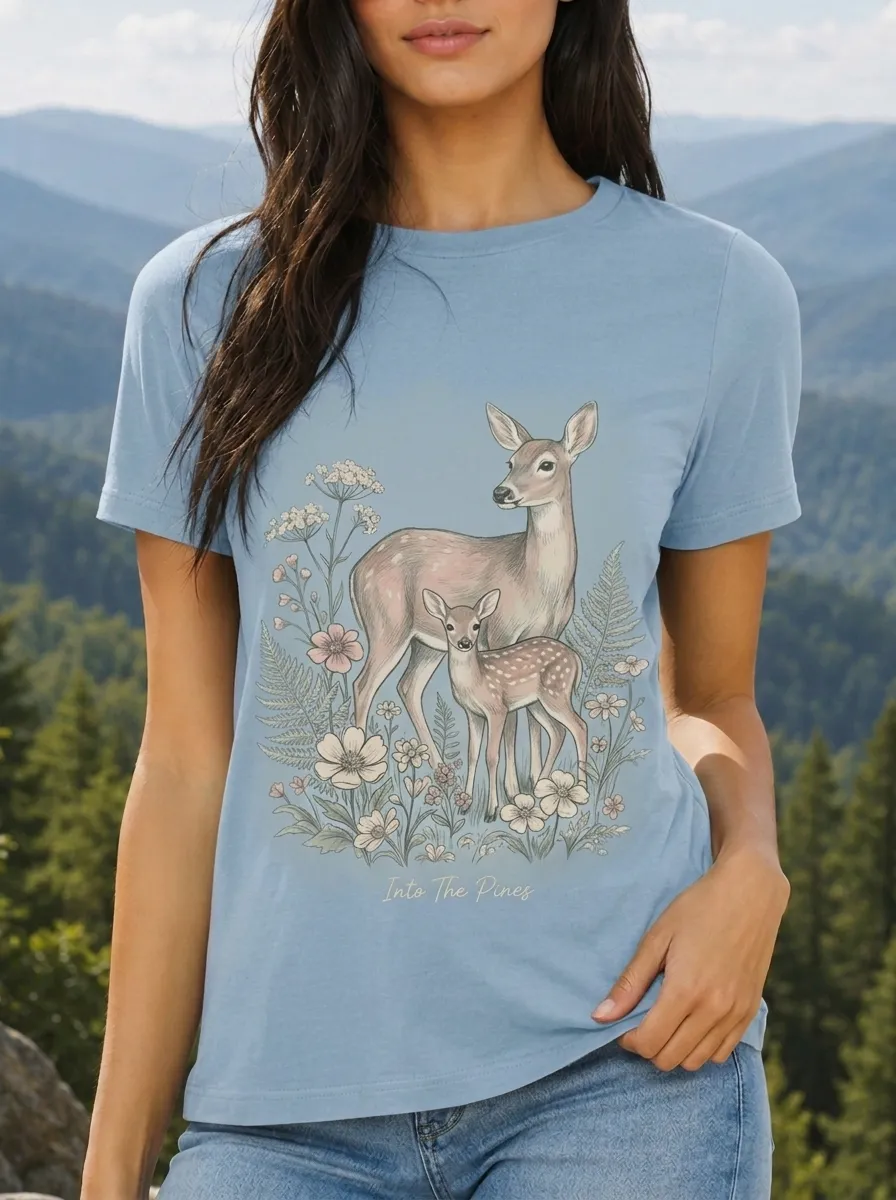 Women's Forest Nature Lover Deer Fawn Floral Printed T-shirt
