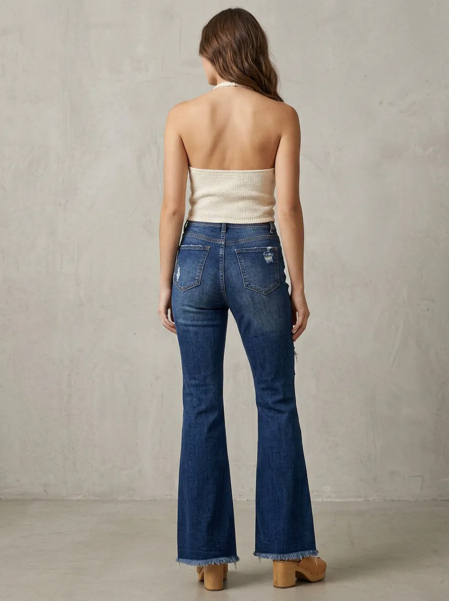 Women's Distressed Denim High-Rise Frayed Hem Flare Jeans