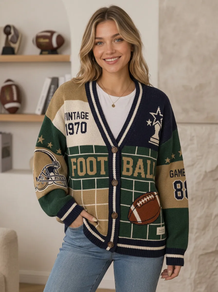Women's Gridiron Helmet Ball Vintage Knit Cardigan