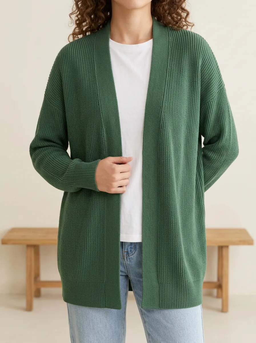 Women's Relaxed Ribbed Knit Open Front Shawl Collar Cardigan