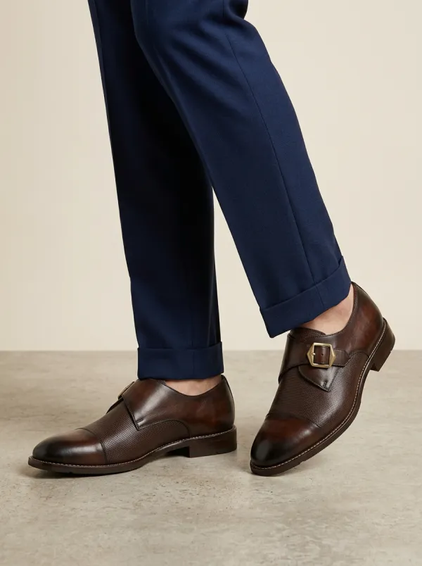 Men's Modern Business Formal Textured Monk Strap Leather Shoes