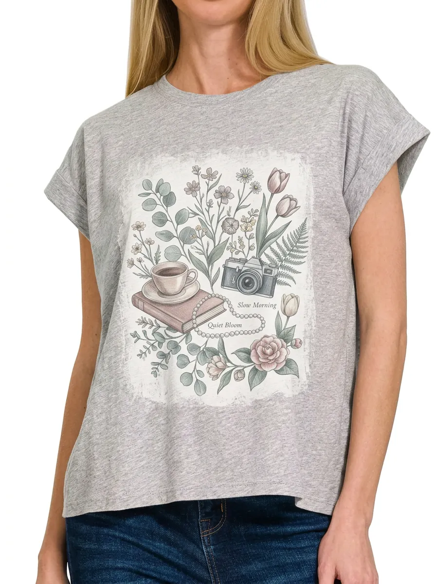 Women's Coffee Book Camera Floral Printed T-shirt