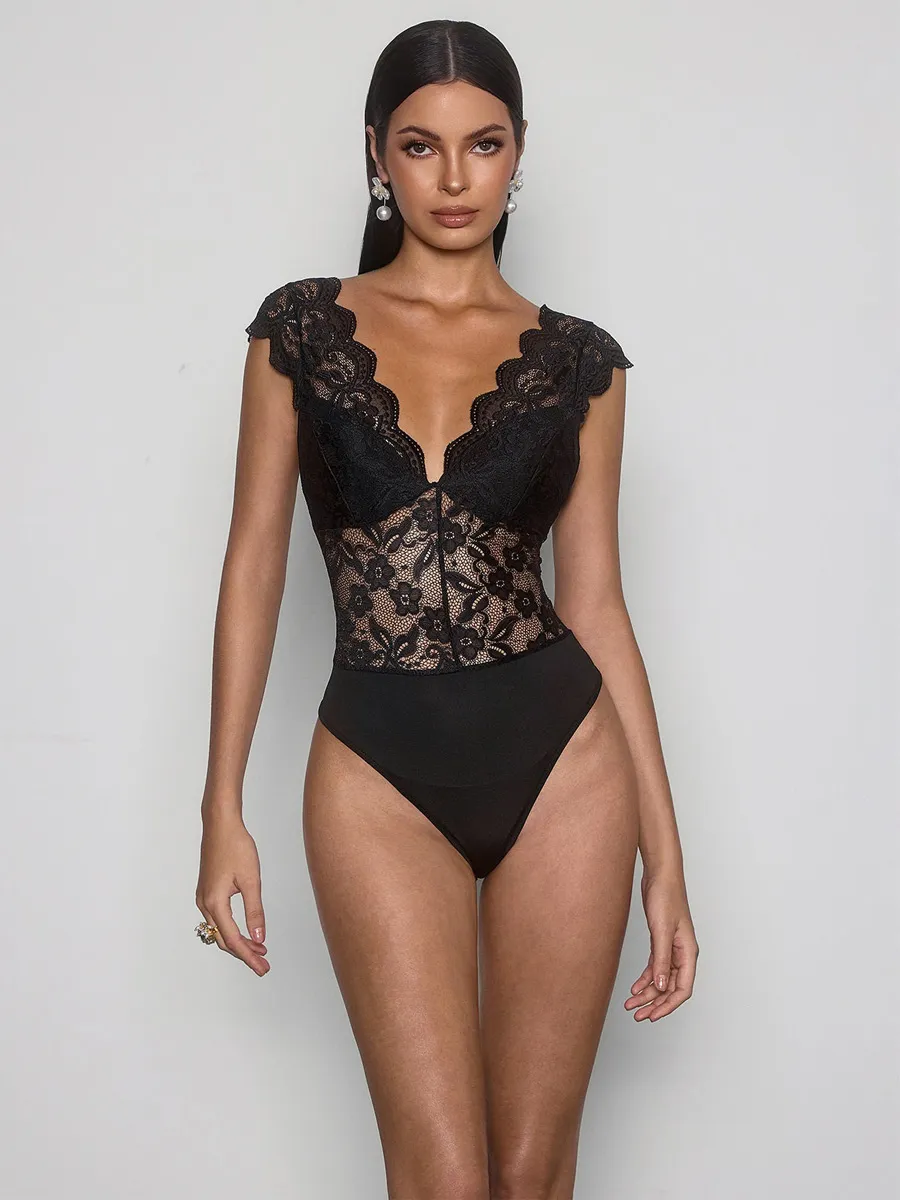 Paulina Plunge Neck Lace Bodysuit