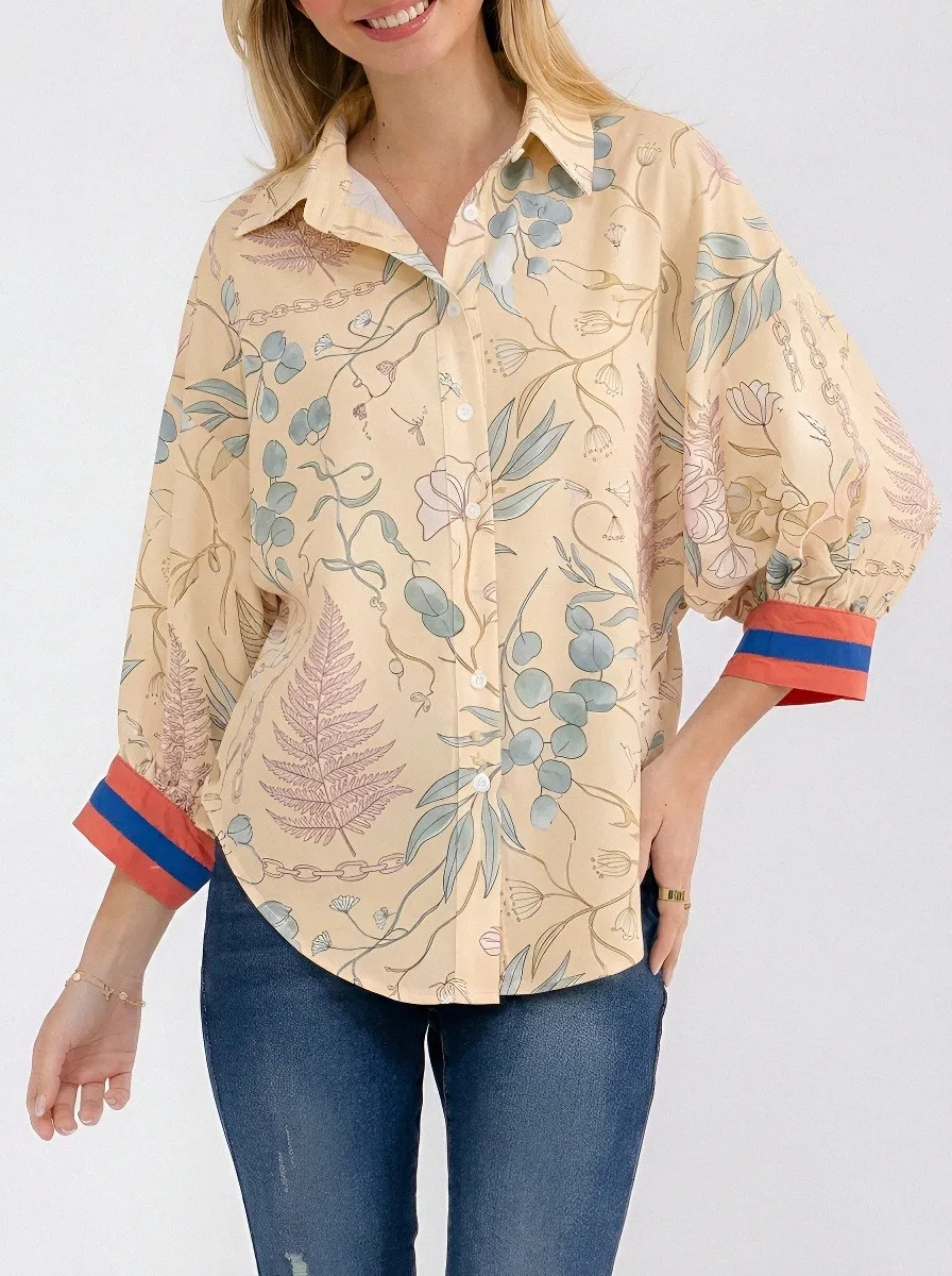 Women's Botanical Fern Floral Chain Printed Button-Up Shirt