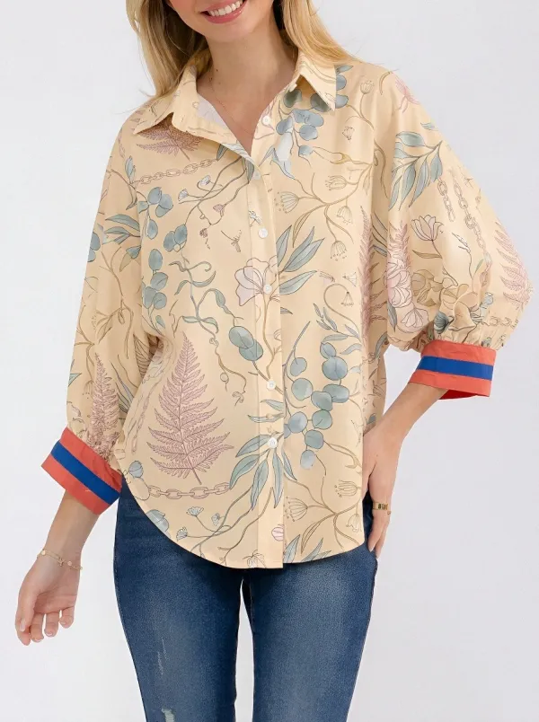Women's Botanical Fern Floral Chain Printed Button-Up Shirt