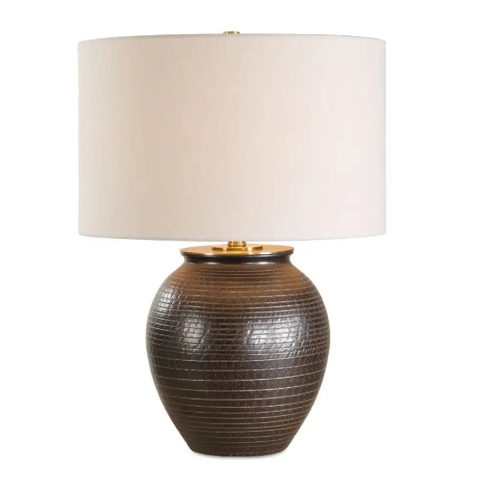 Rounded Drum Shade Ribbed Ceramic Metal Table Lamp