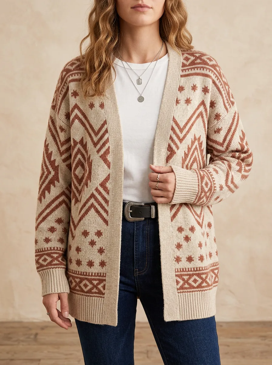 Women's Western Style Aztec Geometric Pattern Printed Cardigan