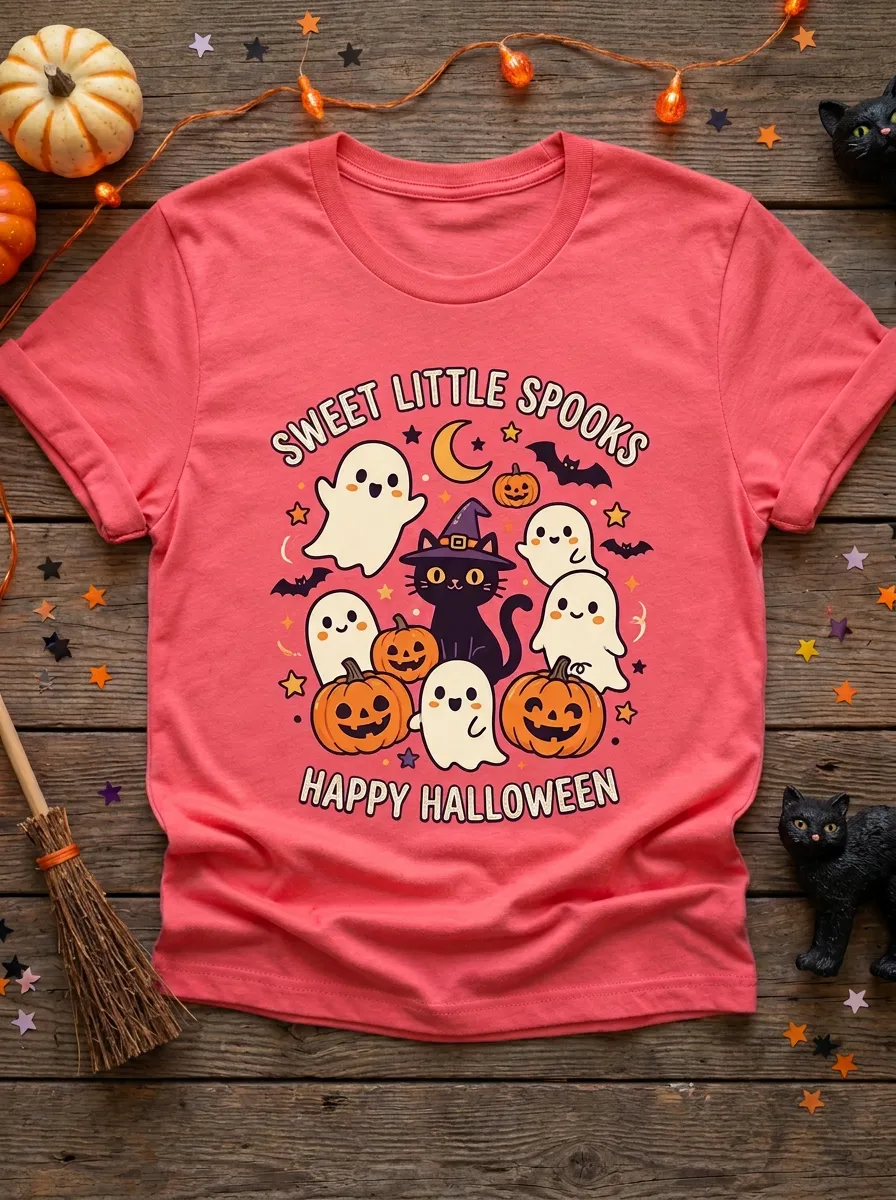 Ghost Pumpkin Cat Halloween Graphic T-Shirt