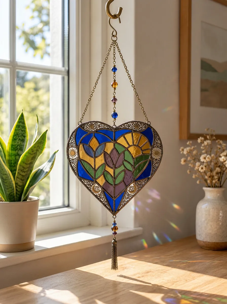 Floral Heart Stained Glass Printed Suncatcher