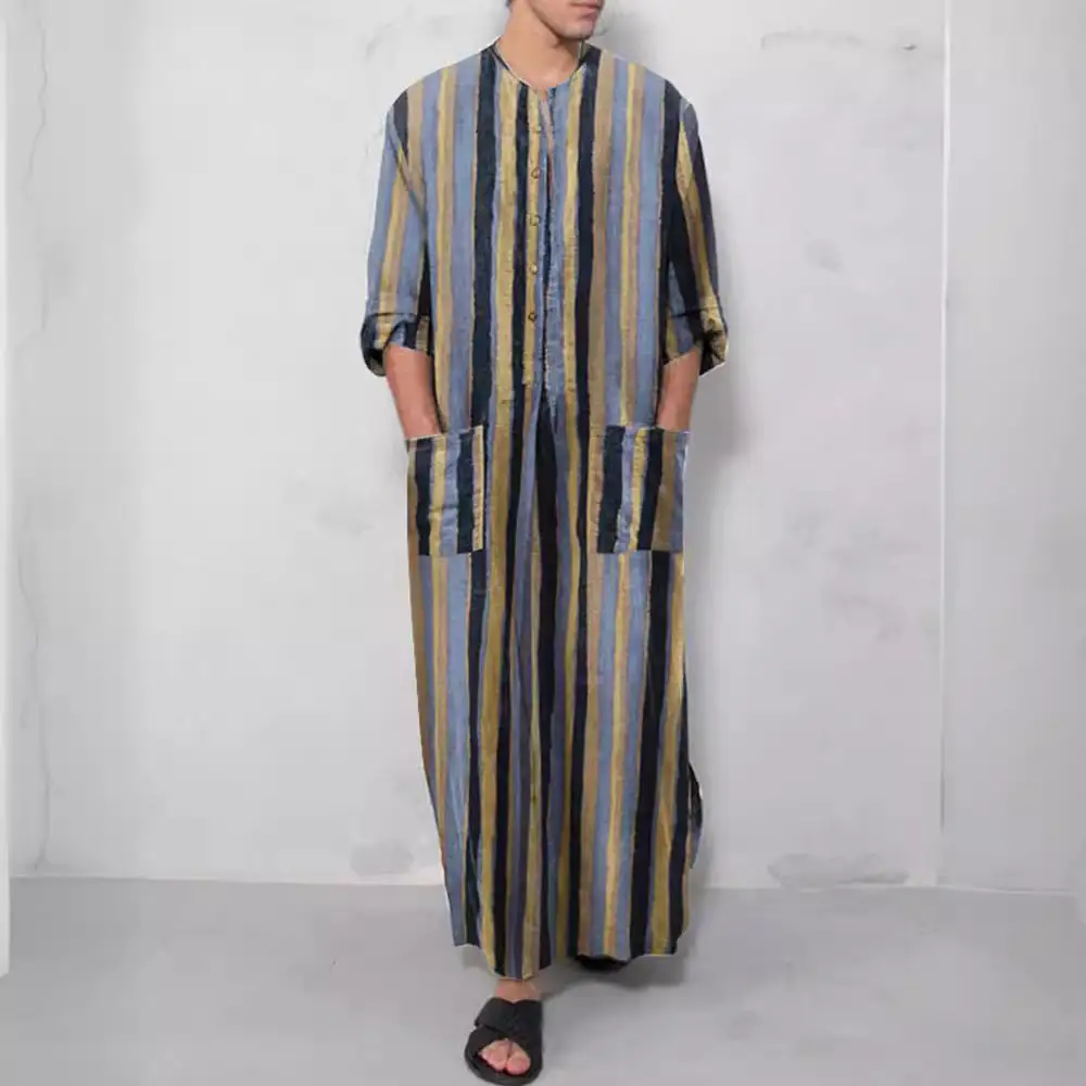 Men's Casual Kaftan Linen Blend With Button Placket And Patch Pockets