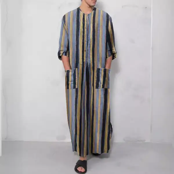 Men's Casual Kaftan Linen Blend With Button Placket And Patch Pockets
