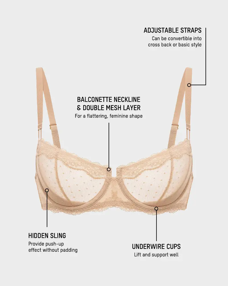 Lace Underwire Unlined Sheer Demi Balconette Bra