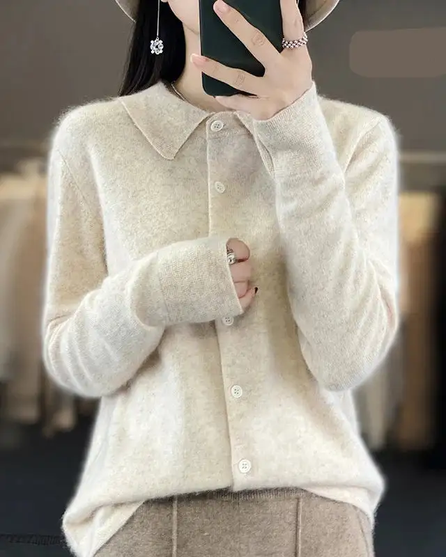 Mink-Cashmere Cashmere Button-Front Polo-Collar Cardigan