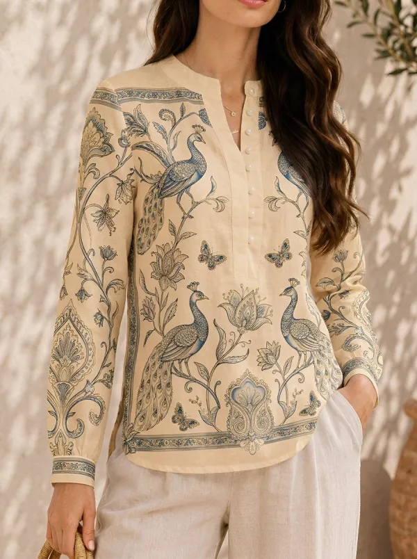 Women's Peacock Floral Butterfly Printed V-Neck Top
