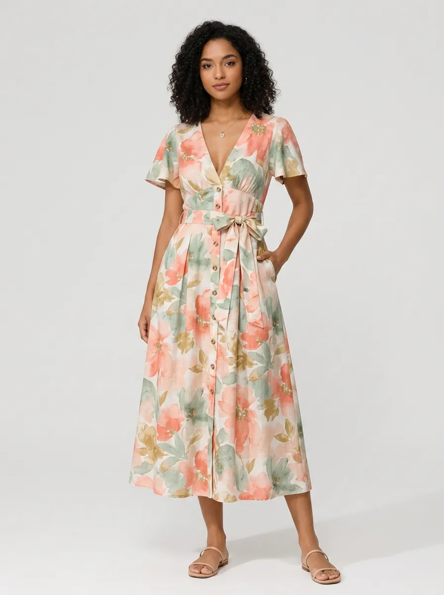 Women's Floral Summer V-Neck Button-Down Printed Dress