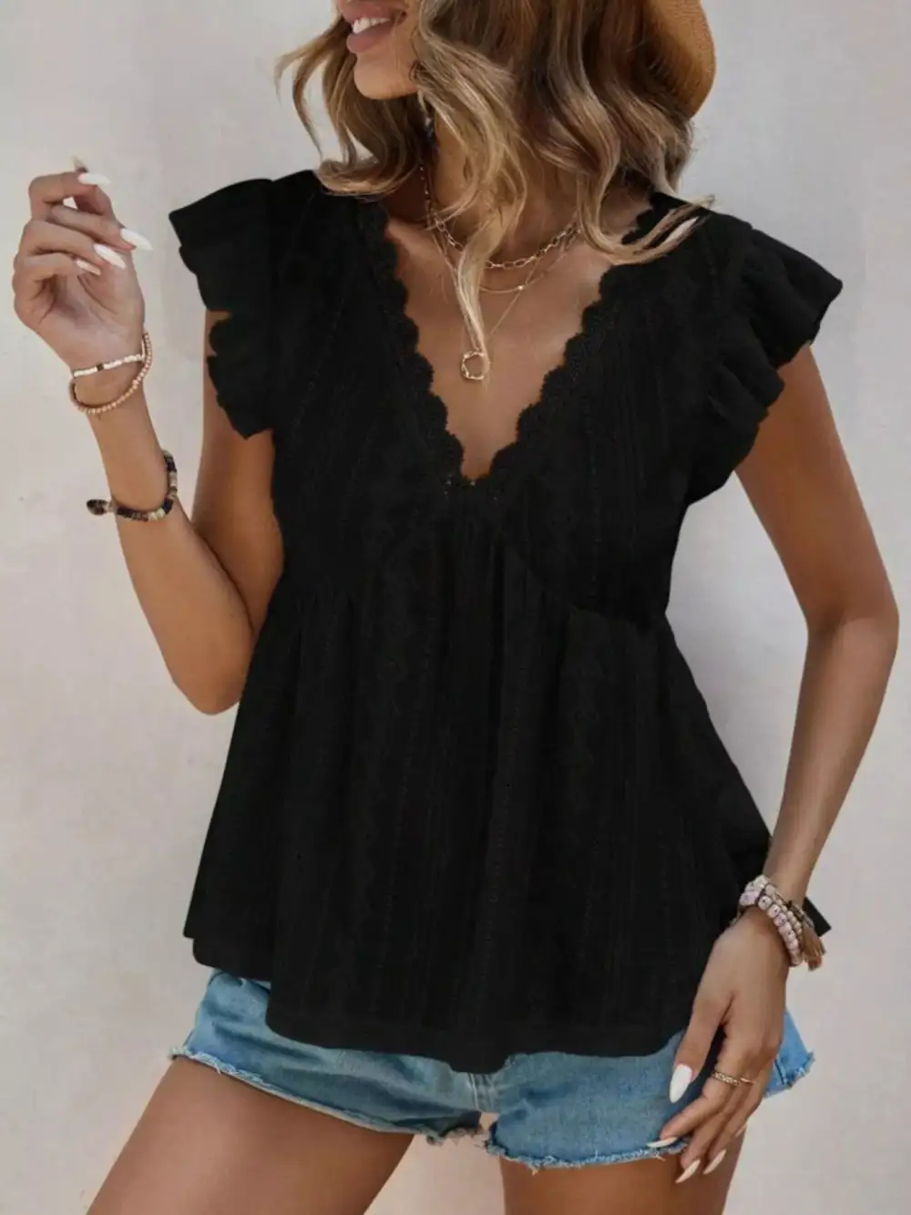 Ruffle Sleeve V Neck Blouse