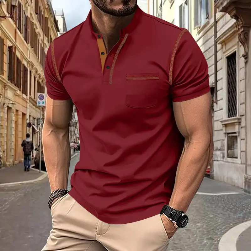 Men's Short-Sleeve Polo In Henley Style With Stand-up Collar Chest Pocket And Contrast Stitching