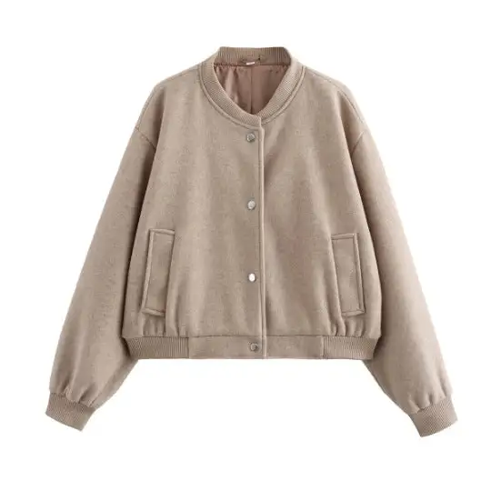 Quilted Wool Blend Snap Front Ribbed Trim Bomber Jacket