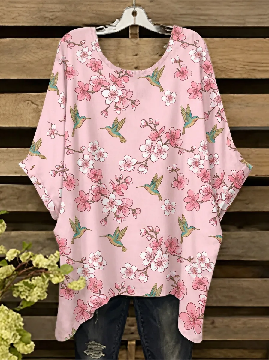 Woodland-Inspired Hummingbird Women's Loose Printed T-Shirt