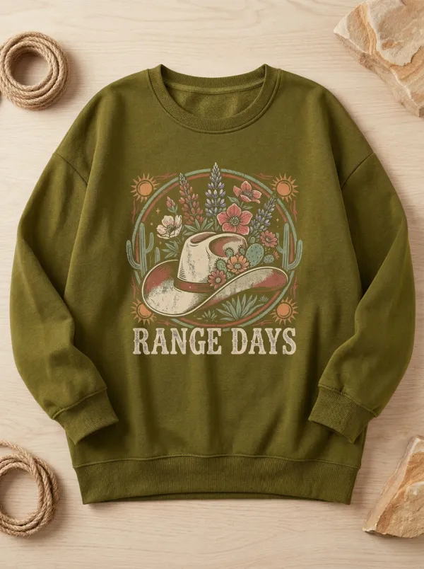 Women's Western Cowboy Hat Floral Cactus Range Days Printed Sweatshirt