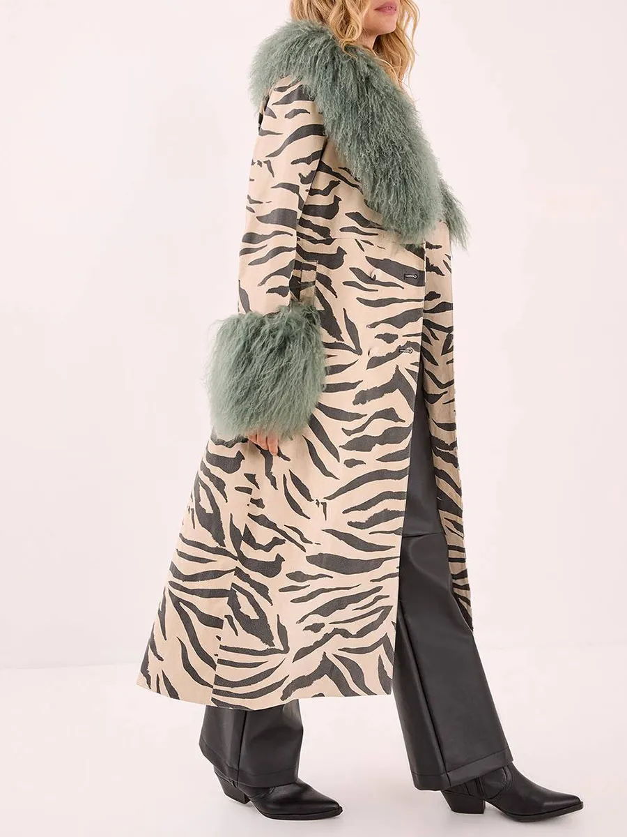 Women's Zebra-Print Green Faux Fur Collar Waist-Tie Long Coat