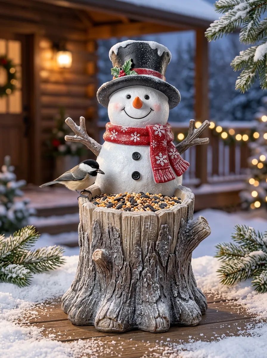 Snowman Tree Stump Christmas Bird Feeder