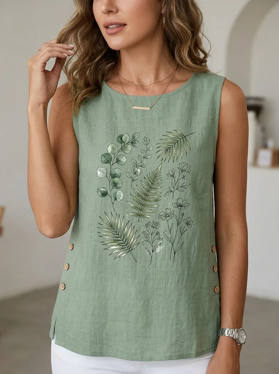 Women's Botanical Nature Lover Fern Leaf Printed Sleeveless Top
