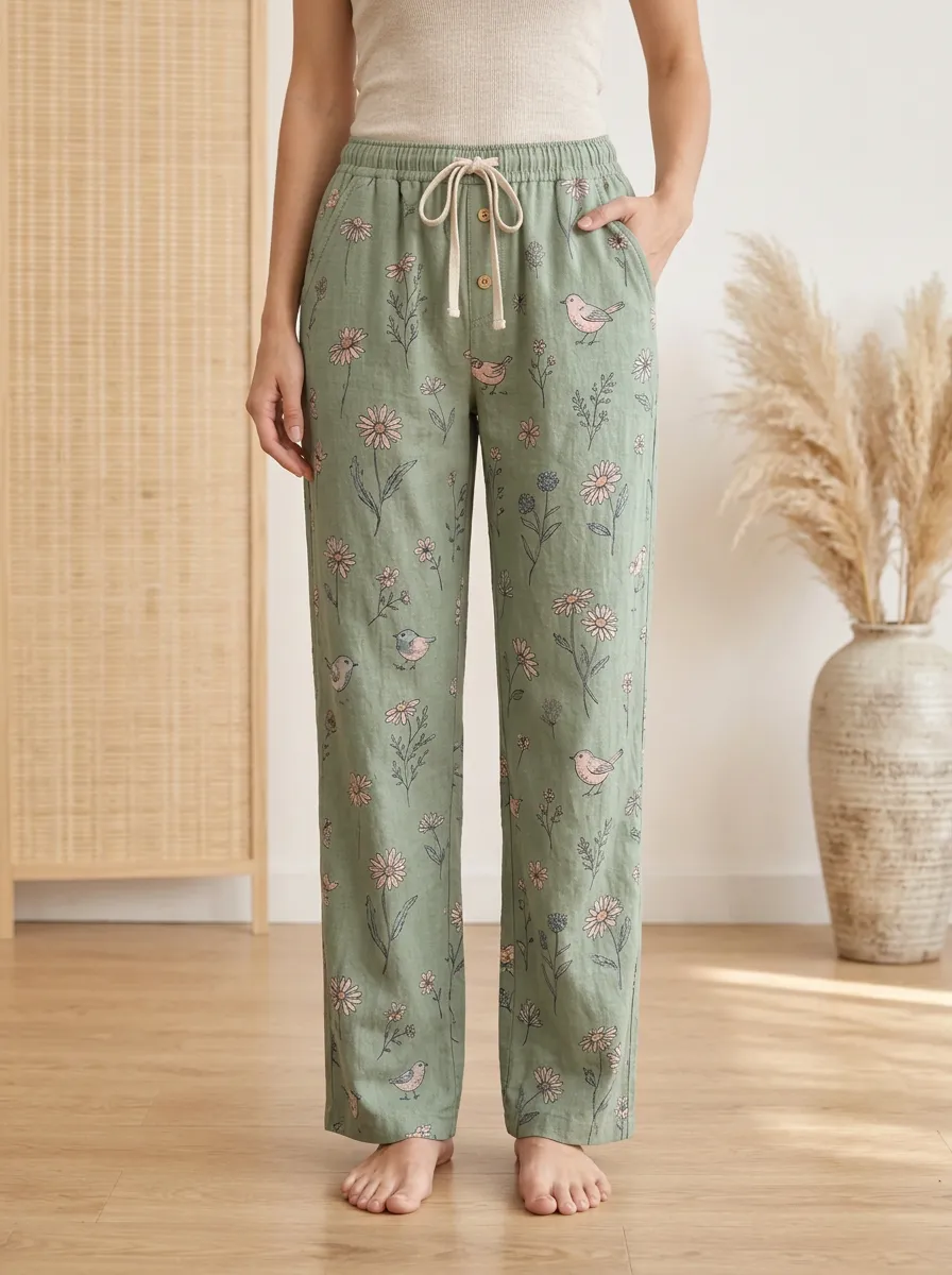 Women's Modern Floral Bird Nature Lover Printed Lounge Pants