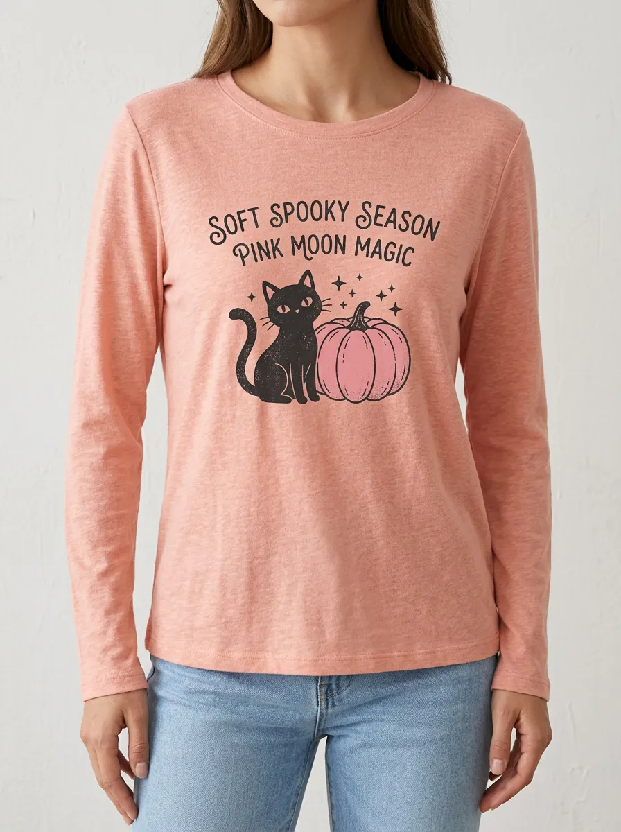 Witchy Pumpkin Cat Halloween Cotton Linen Long Sleeve Top