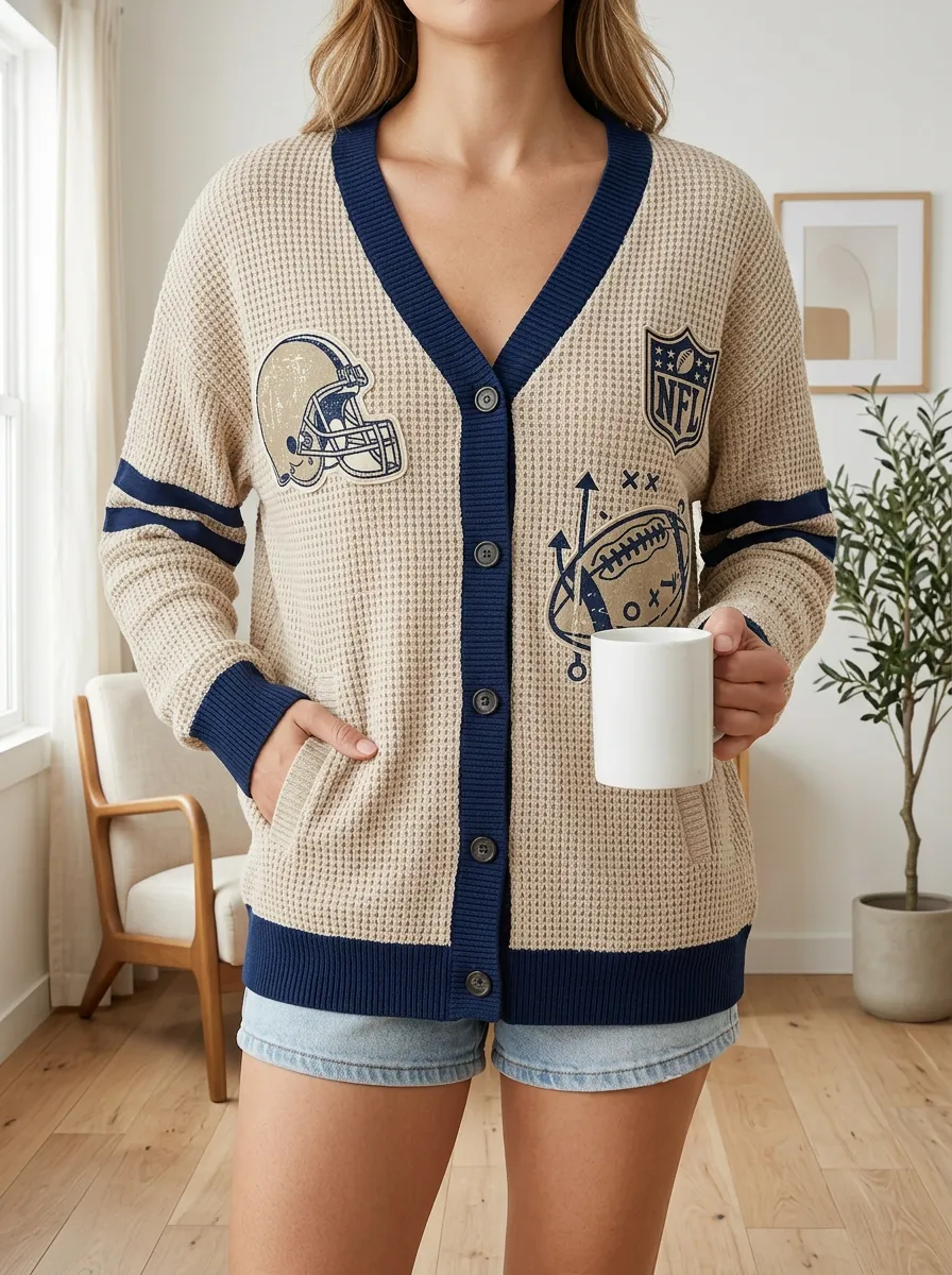 Women's NFL Football Fan Helmet Graphic Printed Waffle Cardigan