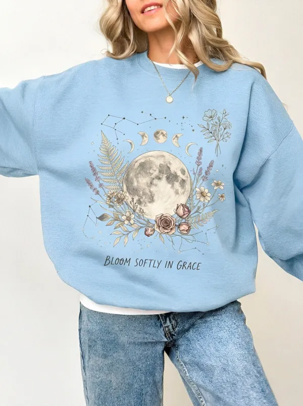 Women's Celestial Moon Floral Bloom Softly In Grace Printed Sweatshirt