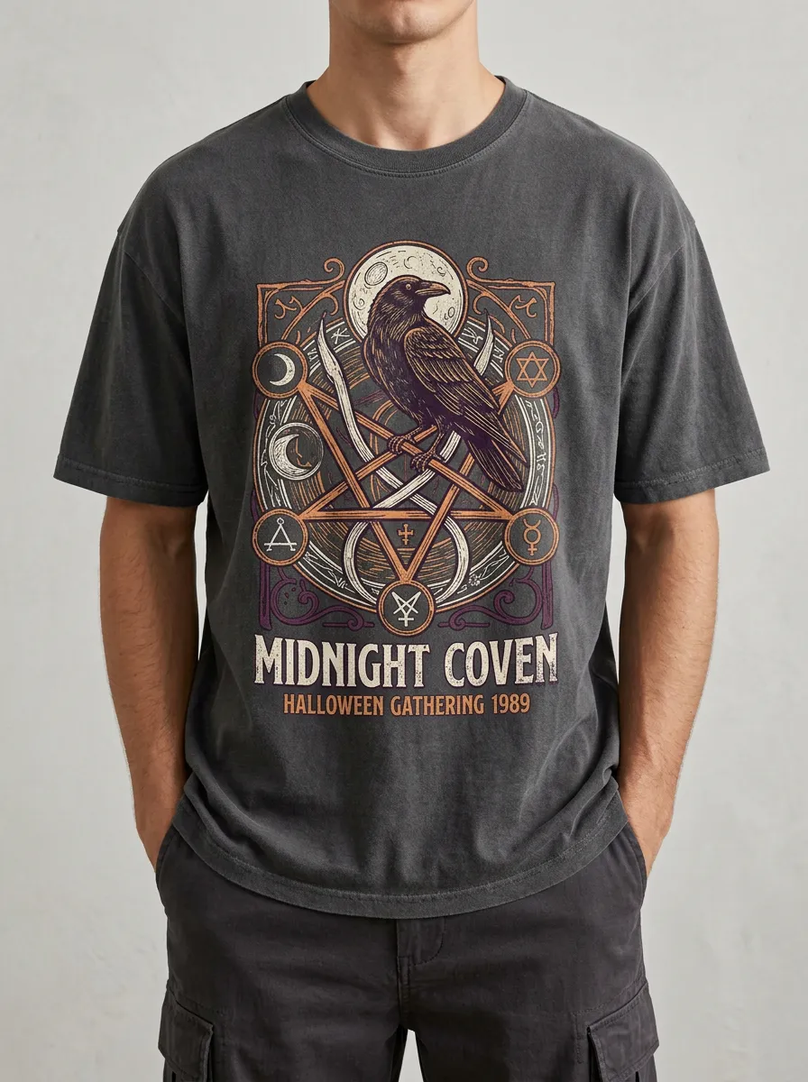 Men's Halloween Gothic Raven Pentagram Midnight Coven Printed T-shirt
