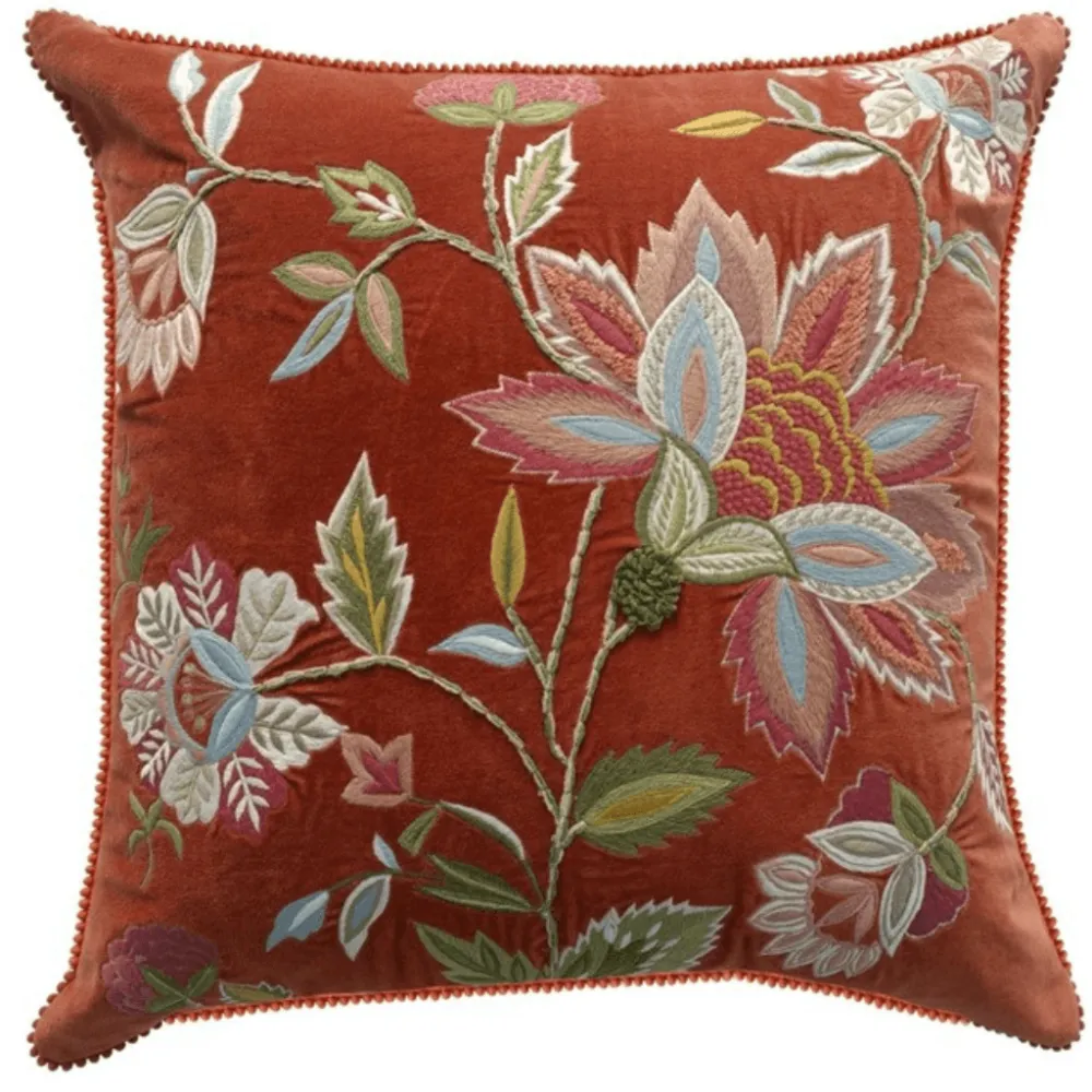 Embroidered Botanical Velvet Decorative Cushion Cover
