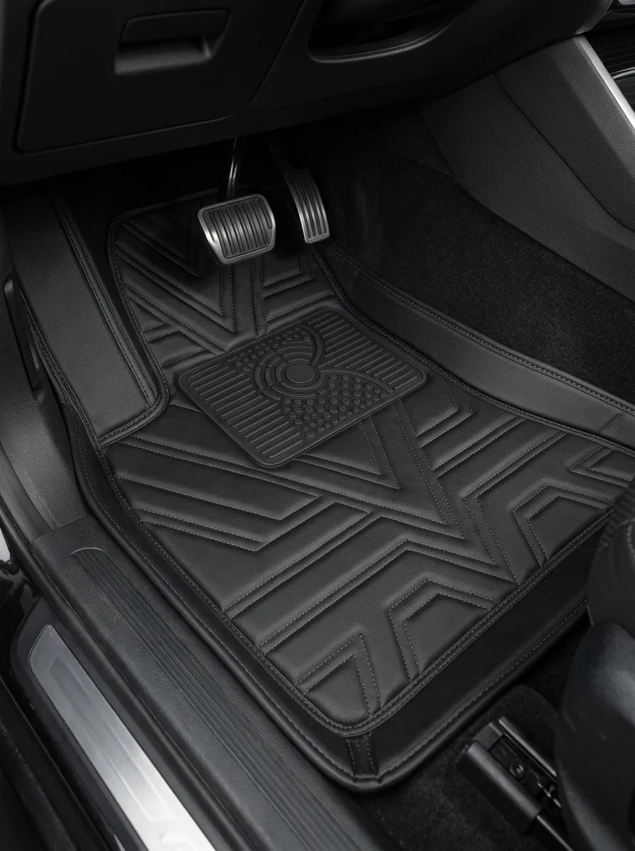 Geometric Pattern Stitched Leather Vehicle Floor Mat