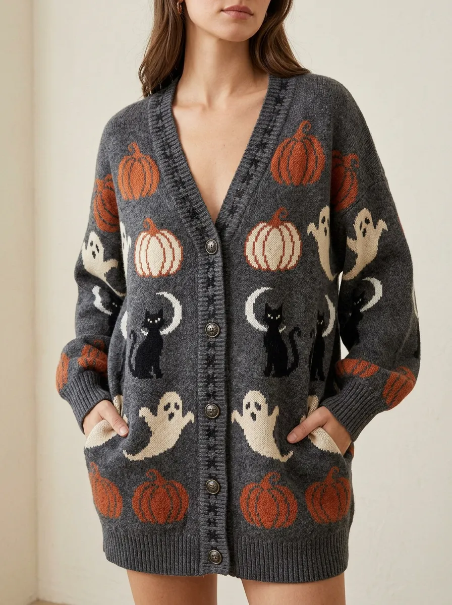 Women's Halloween Pumpkin Ghost Cat Pattern Knitted Cardigan