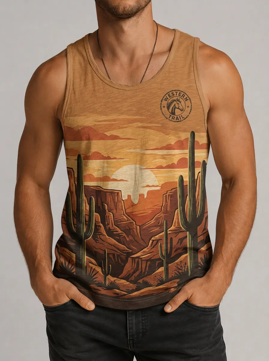 Men's Western Trail Desert Cactus Sunset Printed Tank Top