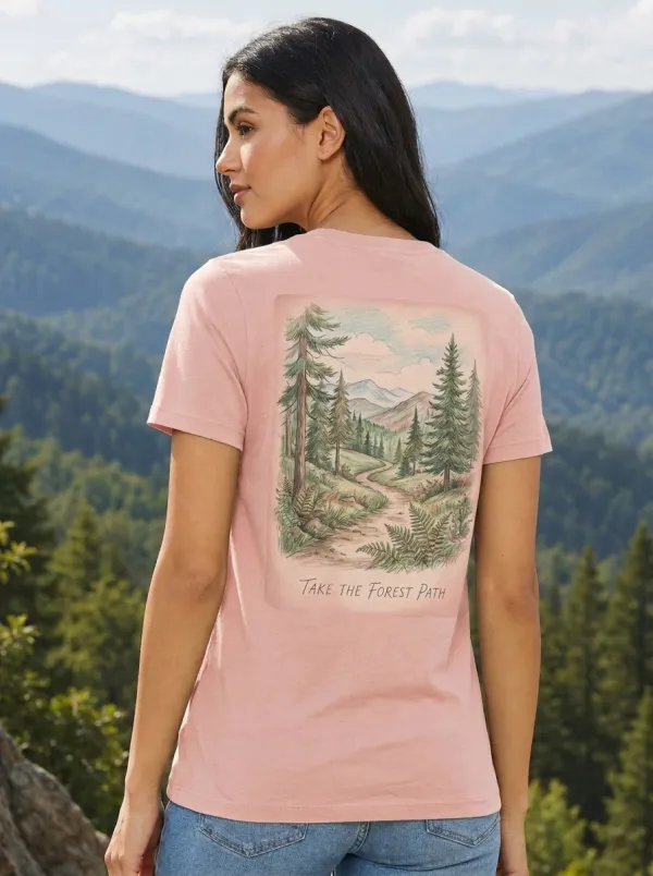 Women's Nature Lover Forest Path Mountain Sketch Printed T-shirt