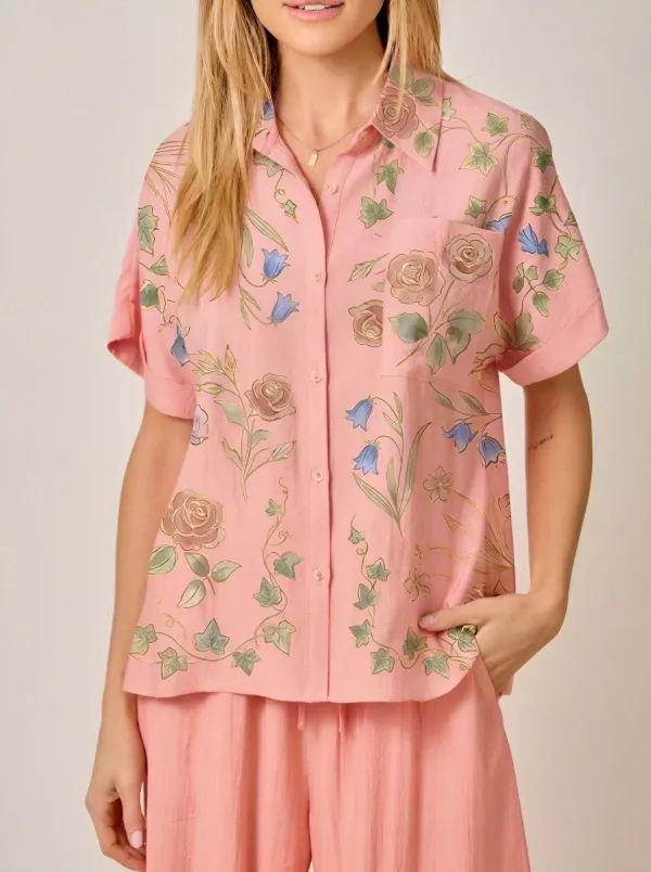 Women's Floral Garden Rose Bellflower Printed Button-up Shirt