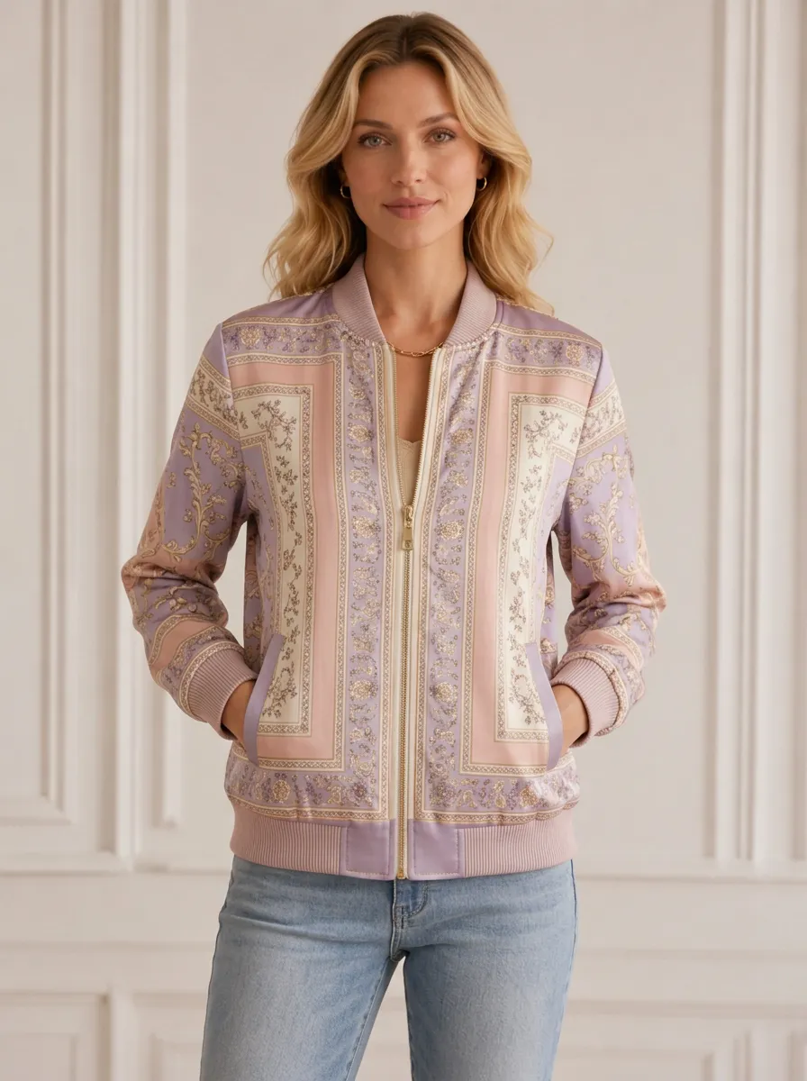Women's Baroque Floral Ribbed Cuffs Bomber Jacket