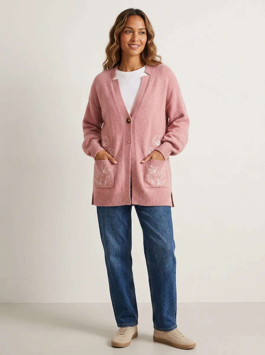 Pink Floral Line Art Embroidered V-Neck Cardigan