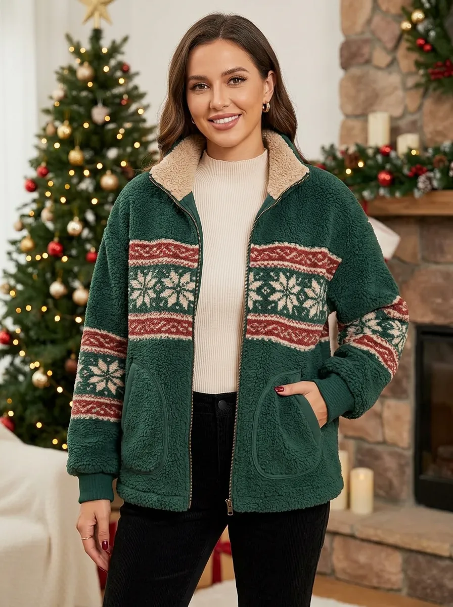 Women's Christmas Snowflake Pattern Sherpa Fleece Printed Jacket
