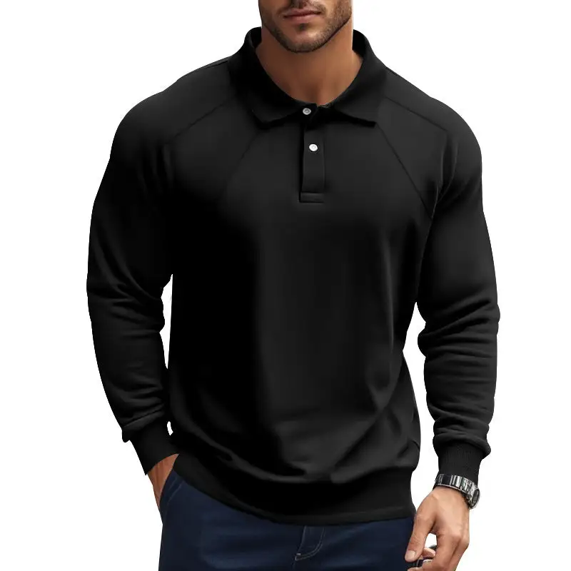 Ribbed Button Placket Raglan Sleeve Polo Shirt
