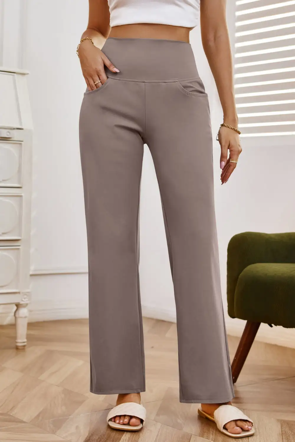 Relaxed High Waist Wide Leg Pants With Pocket