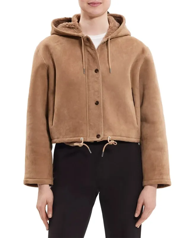 Leather Shearling Long Sleeve Parka Jacket