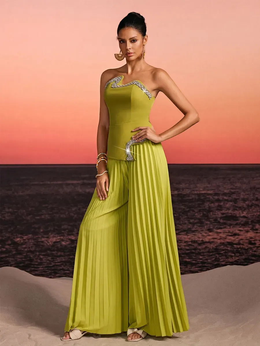 Persephone Strapless Crystal Pleated Pants Set In Green