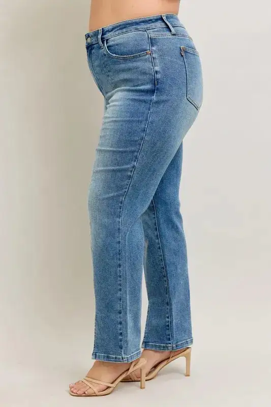 Full Size High Waist Vintage Wash Front Seam & Slit Straight Plus Size