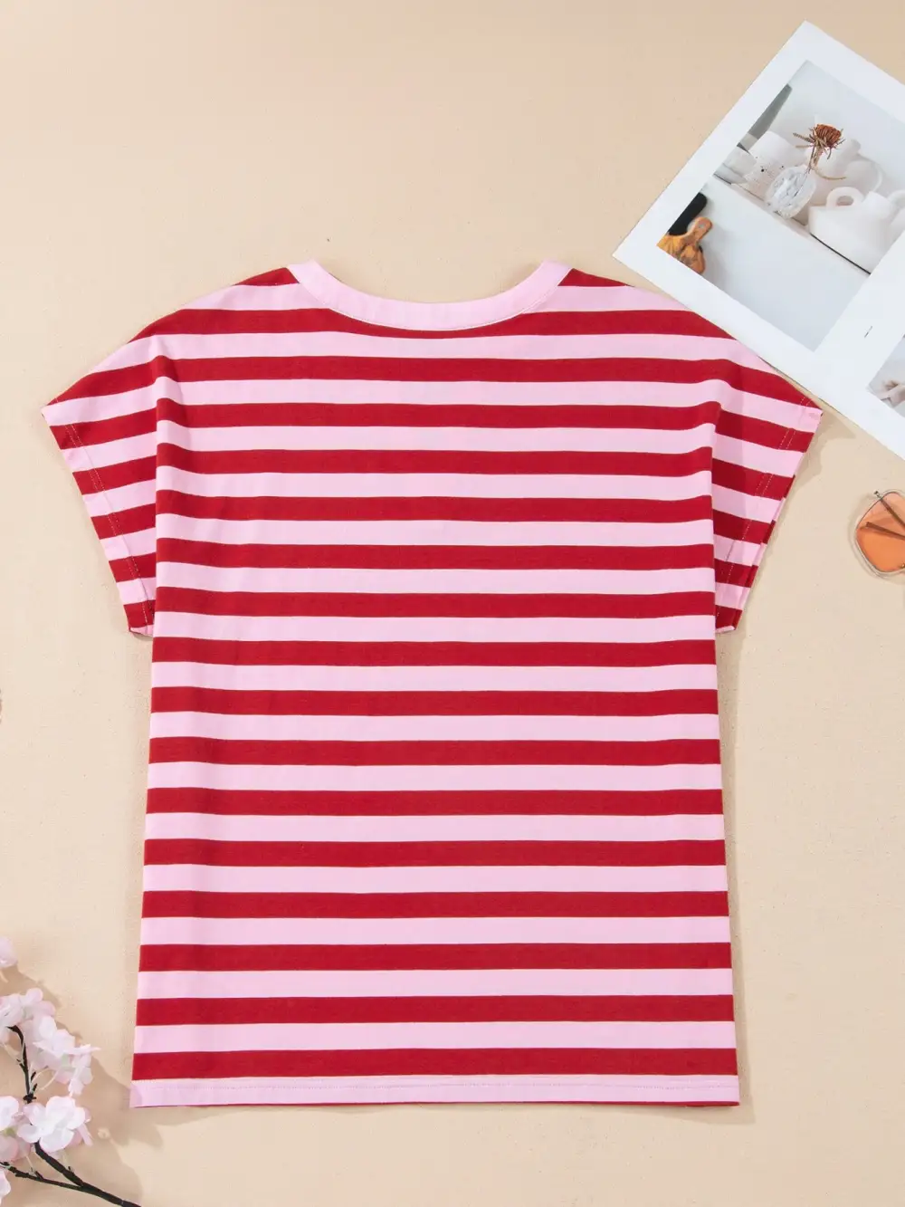 Stripe Split V Neck Casual T Shirt