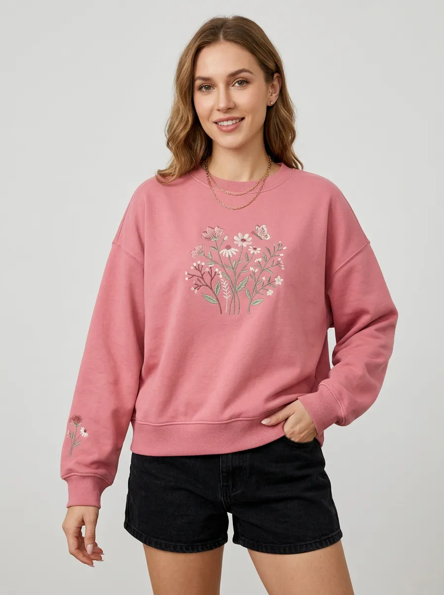 Women's Floral Butterfly Botanical Embroidered Printed Sweatshirt